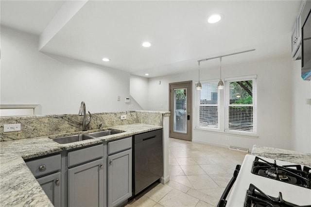 1606 Merriman Ct, South Side, PA 15203 - kitchen featuring dishwasher, light tile patterned floors, gray cabinetry, recessed lighting, and light stone counters