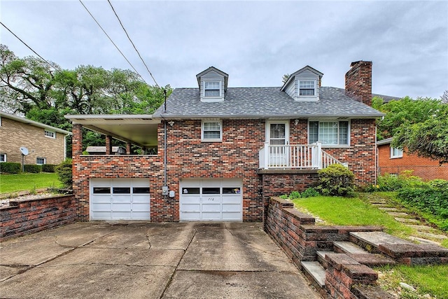 712 N 2nd St, Jeannette, PA 15644 - view of front facade featuring brick siding, an attached garage, concrete driveway, a chimney, and a shingled roof