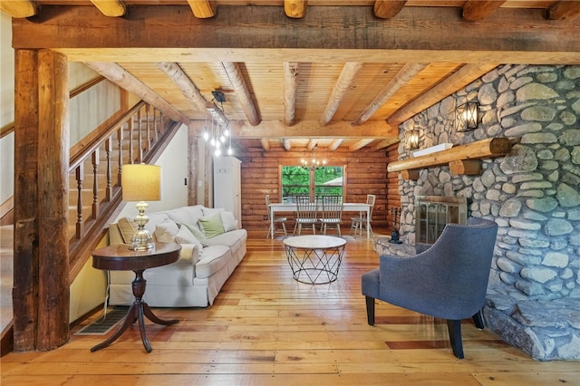 125 Timber Ridge Rd, Clinton Twp, PA 16056 - living area featuring rustic walls, hardwood / wood-style flooring, a wooden ceiling with exposed beams, and stairway