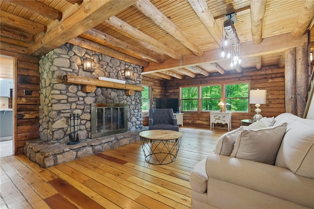 125 Timber Ridge Rd, Clinton Twp, PA 16056 - living room featuring a wooden ceiling with exposed beams, hardwood / wood-style floors, rustic walls, and a fireplace
