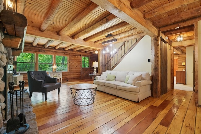 125 Timber Ridge Rd, Clinton Twp, PA 16056 - living area featuring hardwood / wood-style floors, a wooden ceiling with exposed beams, stairs, and rustic walls
