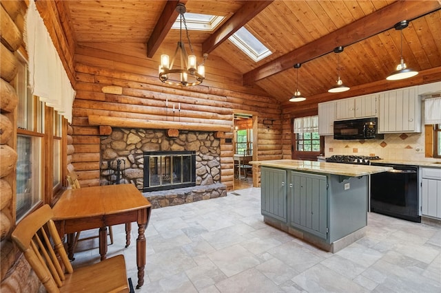 125 Timber Ridge Rd, Clinton Twp, PA 16056 - kitchen featuring black appliances, a skylight, wooden ceiling, rustic walls, and a kitchen island