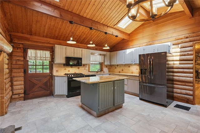 125 Timber Ridge Rd, Clinton Twp, PA 16056 - kitchen with black appliances, a skylight, a kitchen island, a wood ceiling with exposed beams, and decorative backsplash