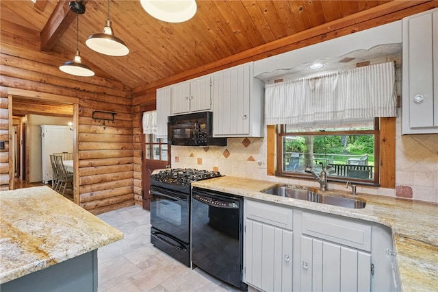 125 Timber Ridge Rd, Clinton Twp, PA 16056 - kitchen with black appliances, wood ceiling, log walls, vaulted ceiling, and tasteful backsplash