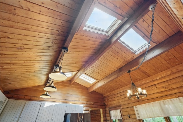 125 Timber Ridge Rd, Clinton Twp, PA 16056 - detailed view of a skylight, a wooden ceiling with exposed beams, fridge, a chandelier, and rustic walls