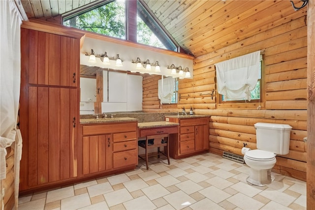 125 Timber Ridge Rd, Clinton Twp, PA 16056 - bathroom with double vanity, wooden ceiling, log walls, and lofted ceiling