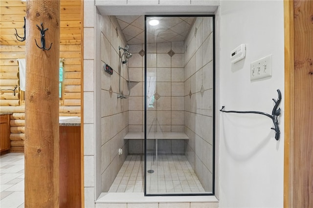 125 Timber Ridge Rd, Clinton Twp, PA 16056 - full bath with log walls, a stall shower, vanity, and tile patterned floors