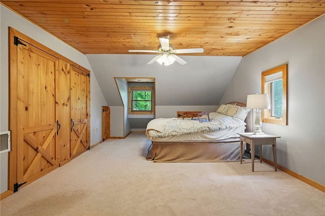 125 Timber Ridge Rd, Clinton Twp, PA 16056 - carpeted bedroom with wood ceiling, vaulted ceiling, and a ceiling fan