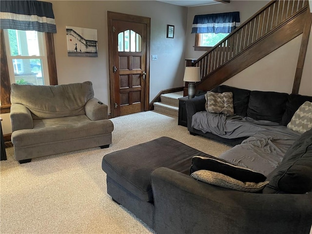 2568 Mercer St, Sandy Lake Boro, PA 16145 - living room featuring carpet floors and stairway