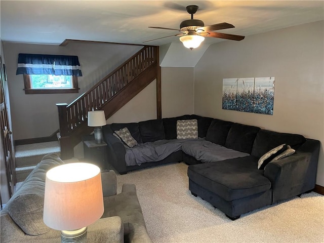 2568 Mercer St, Sandy Lake Boro, PA 16145 - living area with a ceiling fan, stairs, and carpet flooring