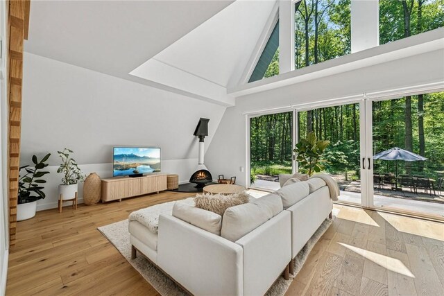 3019 Oak Ridge Ln, Saltlick Twp, PA 15622 - living room with hardwood / wood-style floors, a wood stove, and lofted ceiling