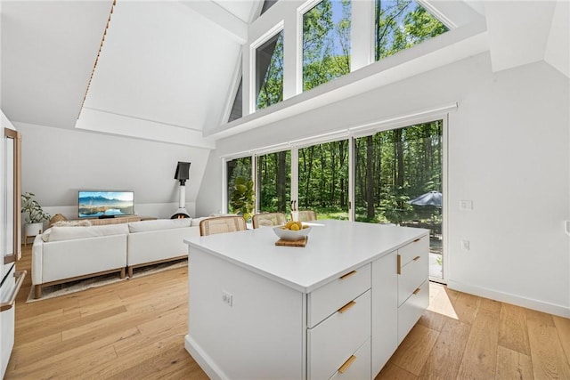 3019 Oak Ridge Ln, Saltlick Twp, PA 15622 - kitchen featuring high vaulted ceiling, white cabinetry, light wood-type flooring, modern cabinets, and light countertops
