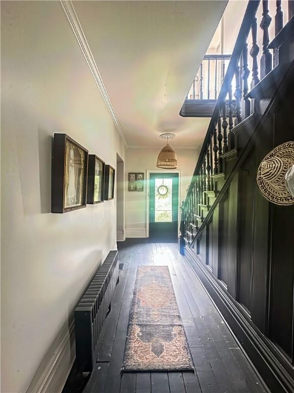 389 Rices Landing Rd, Luzerne Twp, PA 15433 - hall with stairway, wood-type flooring, and crown molding
