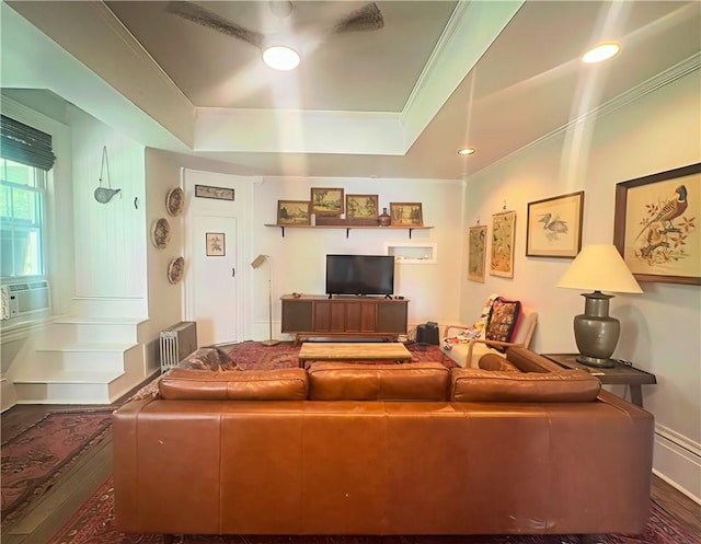389 Rices Landing Rd, Luzerne Twp, PA 15433 - living room with a tray ceiling, wood finished floors, crown molding, recessed lighting, and cooling unit