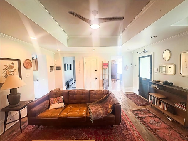 389 Rices Landing Rd, Luzerne Twp, PA 15433 - living room featuring wood-type flooring, a tray ceiling, ornamental molding, and ceiling fan