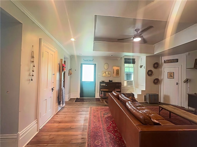 389 Rices Landing Rd, Luzerne Twp, PA 15433 - living area featuring hardwood / wood-style flooring, a ceiling fan, radiator heating unit, ornamental molding, and recessed lighting
