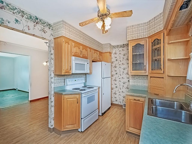 127 Pleasant Hills Blvd, Pleasant Hills, PA 15236 - kitchen with white appliances, wallpapered walls, light wood-type flooring, ceiling fan, and glass insert cabinets