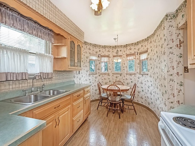 127 Pleasant Hills Blvd, Pleasant Hills, PA 15236 - kitchen with wallpapered walls, healthy amount of natural light, light brown cabinetry, light wood finished floors, and glass insert cabinets