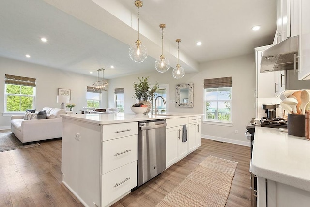 622 Burberry Blvd, Lehigh Twp, PA 16063 - kitchen featuring dishwasher, white cabinetry, light countertops, exhaust hood, and recessed lighting