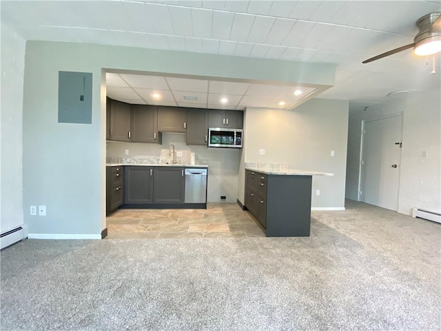 446 Hoodridge Dr Unit 210, Castle Shannon, PA 15234 - kitchen with appliances with stainless steel finishes, electric panel, light carpet, a ceiling fan, and recessed lighting
