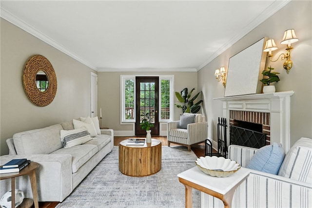 717 Kewanna Ave, Mt Lebanon, PA 15234 - living area featuring wood finished floors, ornamental molding, and a brick fireplace