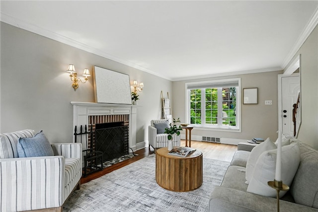 717 Kewanna Ave, Mt Lebanon, PA 15234 - living area with wood finished floors, ornamental molding, and a fireplace