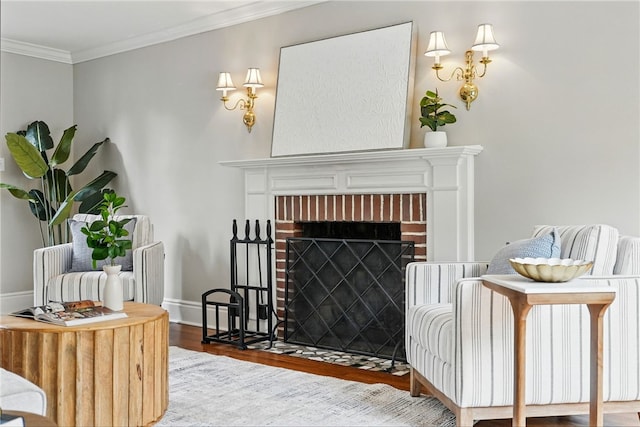 717 Kewanna Ave, Mt Lebanon, PA 15234 - living room featuring wood finished floors, crown molding, and a fireplace