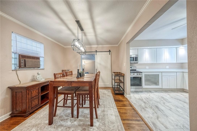 725 Dunster St, Brookline, PA 15226 - dining space with wood finished floors, ornamental molding, cooling unit, and a barn door