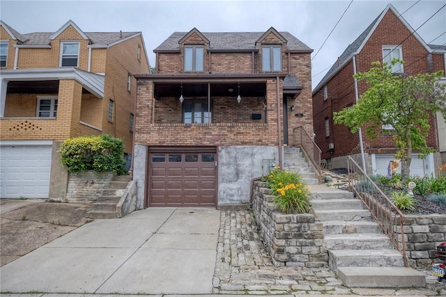 725 Dunster St, Brookline, PA 15226 - view of front facade featuring stairs, an attached garage, brick siding, and driveway