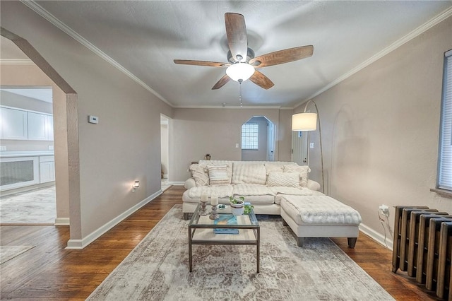 725 Dunster St, Brookline, PA 15226 - living area featuring radiator, ceiling fan, ornamental molding, dark wood-style floors, and arched walkways