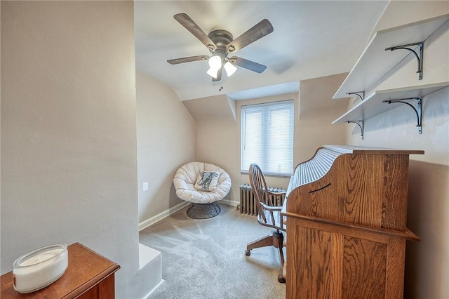 725 Dunster St, Brookline, PA 15226 - home office featuring carpet floors, ceiling fan, radiator heating unit, and lofted ceiling