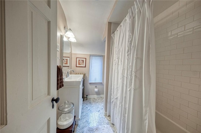 725 Dunster St, Brookline, PA 15226 - full bathroom with vanity, shower / bath combo with shower curtain, and tile patterned flooring
