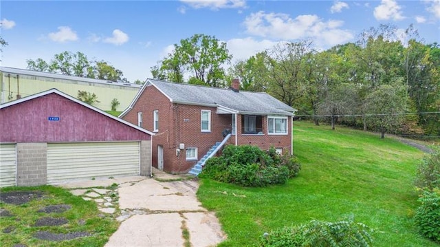 1920 Renton Rd, Plum Boro, PA 15239 - view of front of property with brick siding, a chimney, a front yard, a garage, and concrete driveway