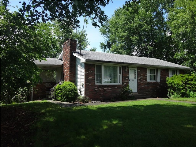 110 Raymond Ave, Luzerne Twp, PA 15417 - ranch-style house with brick siding, a front lawn, and a chimney