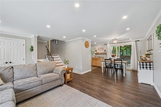 425 Sandy Dr, Shaler, PA 15116 - living room featuring recessed lighting, ornamental molding, dark wood-style flooring, and stairway