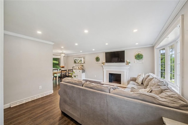 425 Sandy Dr, Shaler, PA 15116 - living area featuring recessed lighting, dark wood finished floors, crown molding, and a fireplace with flush hearth