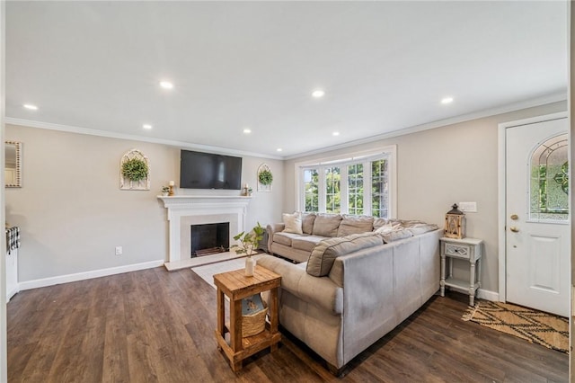425 Sandy Dr, Shaler, PA 15116 - living area with crown molding, recessed lighting, dark wood finished floors, and a fireplace with raised hearth