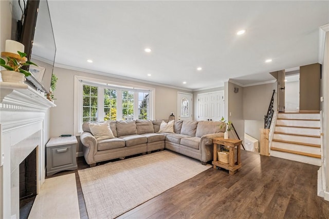 425 Sandy Dr, Shaler, PA 15116 - living area with a fireplace, crown molding, dark wood finished floors, recessed lighting, and stairway