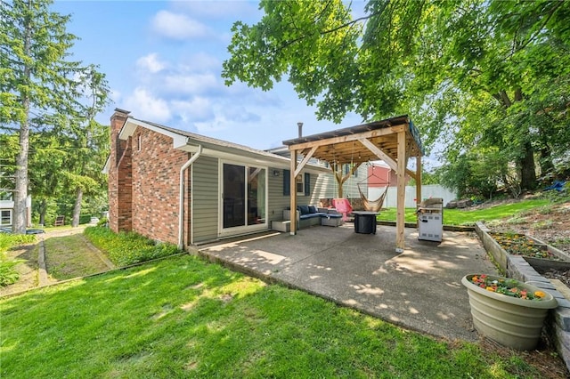 425 Sandy Dr, Shaler, PA 15116 - rear view of house with a chimney, a patio, a lawn, outdoor lounge area, and brick siding
