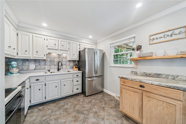 425 Sandy Dr, Shaler, PA 15116 - kitchen featuring freestanding refrigerator, range, light countertops, ornamental molding, and decorative backsplash