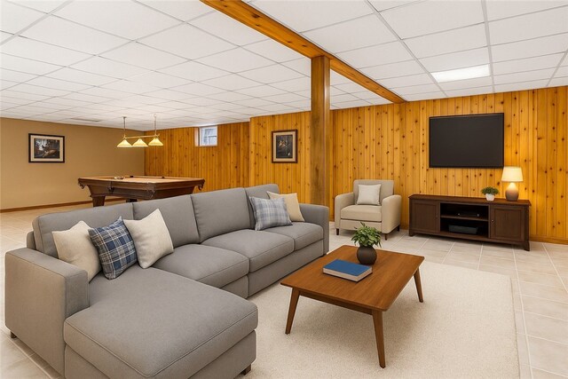 246 Johnston Rd, Bentleyville, PA 15314 - living area featuring a paneled ceiling, light tile patterned flooring, billiards table, and wood walls