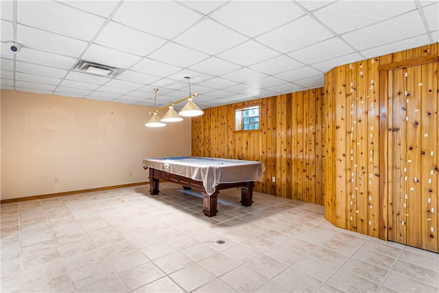 246 Johnston Rd, Bentleyville, PA 15314 - playroom with a drop ceiling, pool table, wooden walls, and light tile patterned floors