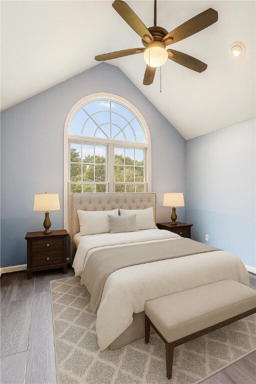 246 Johnston Rd, Bentleyville, PA 15314 - bedroom featuring lofted ceiling, ceiling fan, and wood finished floors