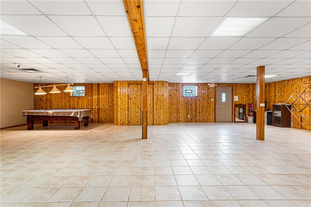 246 Johnston Rd, Bentleyville, PA 15314 - below grade area featuring wooden walls, pool table, a paneled ceiling, healthy amount of natural light, and light tile patterned flooring