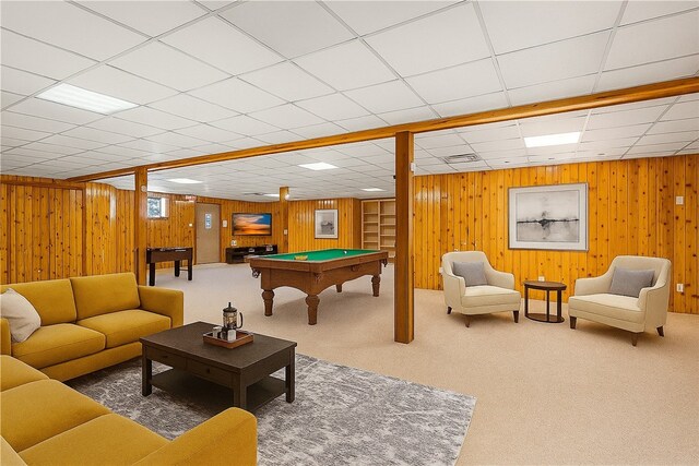 246 Johnston Rd, Bentleyville, PA 15314 - playroom with billiards, carpet flooring, wood walls, and a paneled ceiling