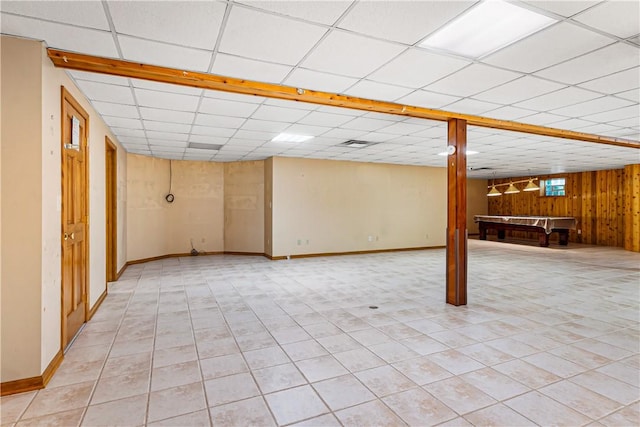 246 Johnston Rd, Bentleyville, PA 15314 - finished basement with a drop ceiling, pool table, light tile patterned floors, and wooden walls