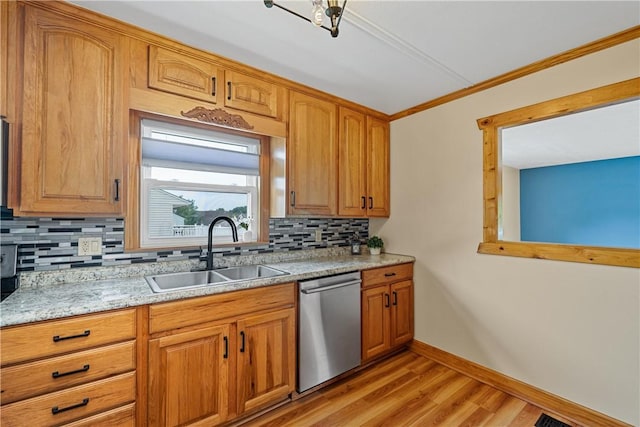 1072 Aetna Dr, Wayne Twp Law, PA 16117 - kitchen featuring dishwasher, decorative backsplash, ornamental molding, light wood-style flooring, and brown cabinets