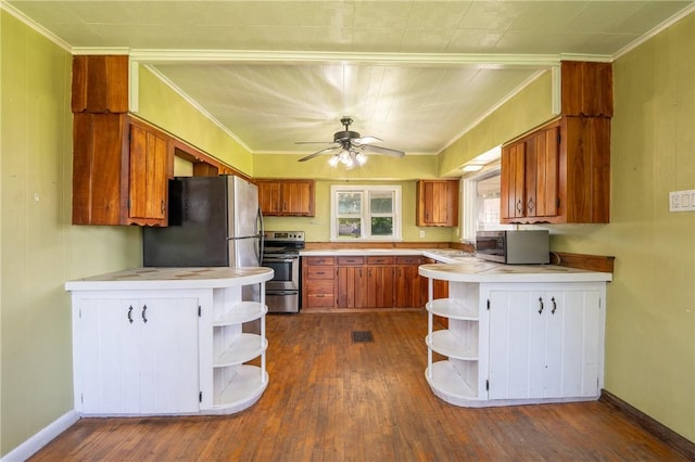 4177 Main St, Cook Twp, PA 15687 - kitchen featuring open shelves, appliances with stainless steel finishes, a peninsula, dark wood-type flooring, and ornamental molding