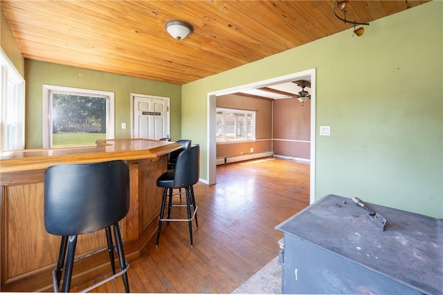 4177 Main St, Cook Twp, PA 15687 - indoor dry bar featuring wooden ceiling, wood finished floors, a baseboard radiator, and ceiling fan