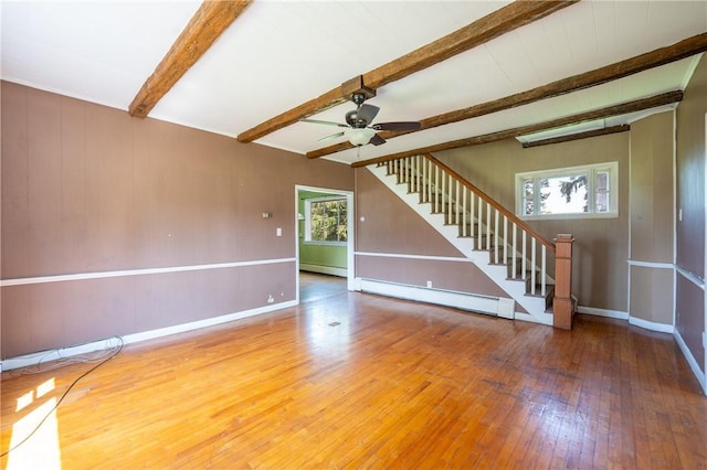 4177 Main St, Cook Twp, PA 15687 - unfurnished living room featuring baseboard heating, a baseboard heating unit, hardwood / wood-style floors, beam ceiling, and stairway